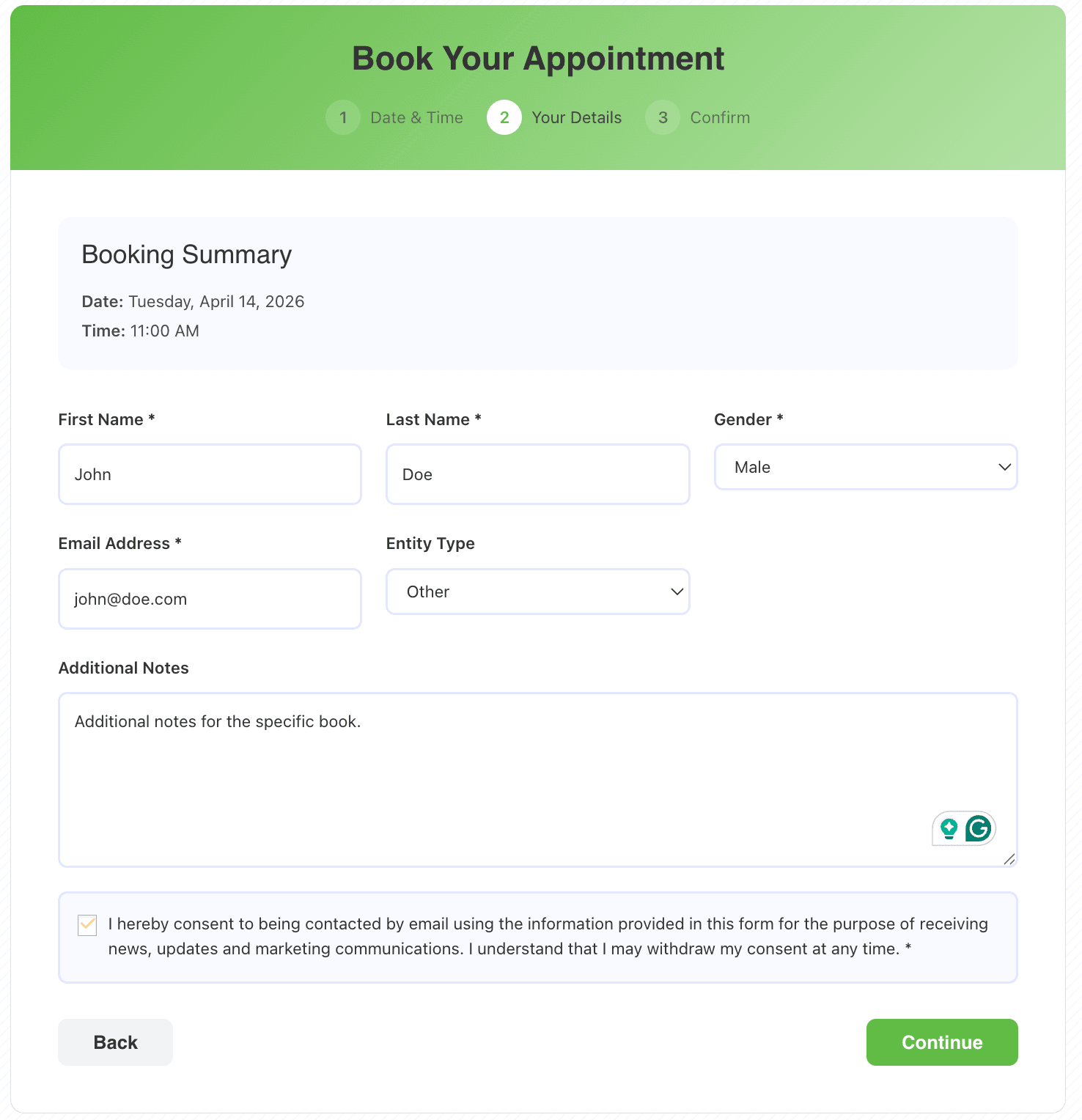 Frontend Booking Widget — view 2